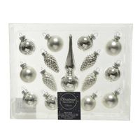 Zilveren glazen kerstballen 3 cm en piek set voor mini kerstboom 15-dlg   -