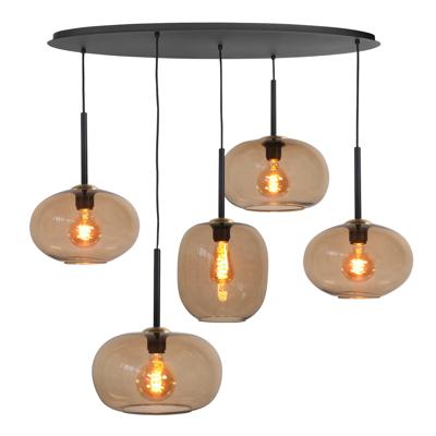 Highlight HanglampBellini zwart met bruin glas 5-lichts - H5474.02