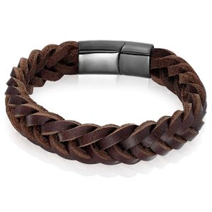 Heren armband LGT Jewels Gevlochten Leer Edelstaal Bruin Zwart-23cm