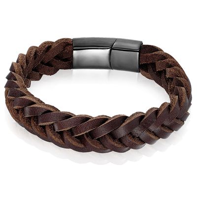 Heren armband LGT Jewels Gevlochten Leer Edelstaal Bruin Zwart-19cm