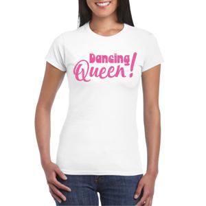 Vrijgezellenfeest t-shirt dames - Dancing Queen - wit - roze glitter - foute party