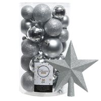 Decoris kerstballen 30x stuks - zilver 4/5/6 cm kunststof mat/glans/glitter mix en piek