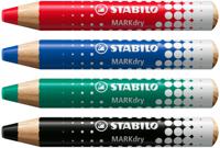 Whiteboardpotlood STABILO MARKdry 648/4 inclusief slijper en microvezeldoek assorti etui Ã 4 stuks