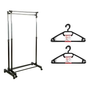 Kledingrek met kleding hangers - 2x enkele stang - kunststof/metaal - zwart - 162 x 42 x 168 cm