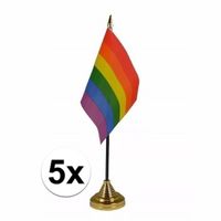 5x Regenboog tafel vlaggetjes met voetje   -