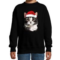 Kersttrui / sweater katten/poezen - kinderen - grijze kat/poes - zwart - kerstmuts - Kerstmis