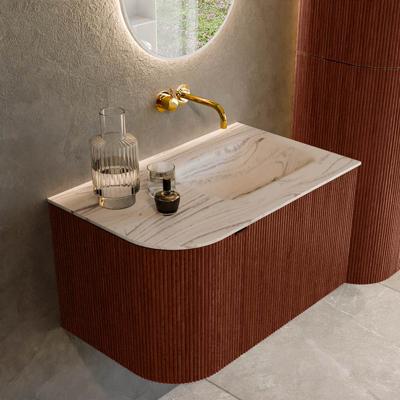 Badmeubel Mondiaz Kurve-Dlux | 75 cm | Meubelkleur Ruby | Wastafelkleur Nata | Solid surface | Wasbak rechter zijde spoelbak | Zonder kraangat(en)