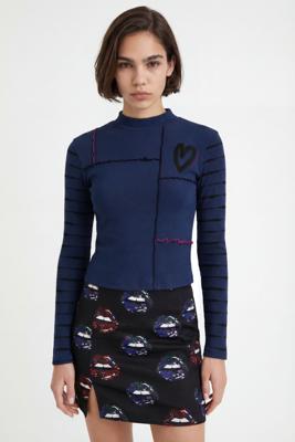 Geribbeld arty T-shirt met ruches - BLUE - XS