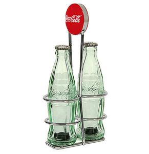 Coca-Cola Glazen Peper en Zout Flesjes In Metalen Rek - Diner