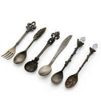 2Sets Vintage mini koffie lepels pak Royal stijl metaal gesneden koffie fruit Cutler dessert bestek keuken tools antiek brons (met antieke vork)