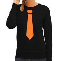 Koningsdag sweater voor dames - stropdas - zwart - met glitters - oranje feestkleding - thumbnail