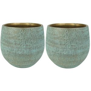 2x stuks plantenpotten/bloempotten in een strakke Modern design look shiny blauw Dia 18 cm en Hoogte