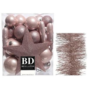 Kerstversiering kerstballen 5-6-8 cm met ster piek en folieslingers pakket lichtroze van 35x stuks - Kerstbal