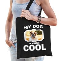 Katoenen tasje my dog is serious cool zwart - Engelse Bulldog honden cadeau tas   -