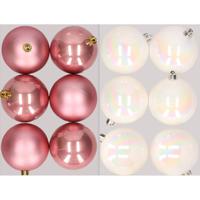 12x stuks kunststof kerstballen mix van oudroze en parelmoer wit 8 cm - Kerstbal - thumbnail