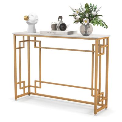 Consoletafel van 110 cm Smalle Toegangstafel met Geometrisch Verguld Frame en Wit Blad van Imitatiemarmer Bijzettafel met Kantelbeveiliging