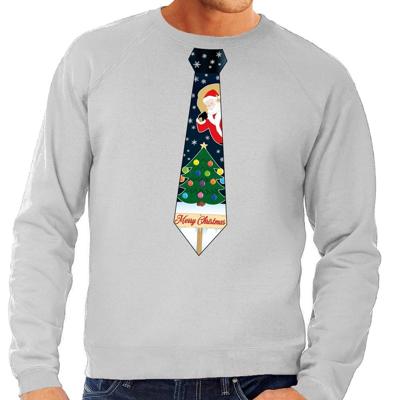 Foute kersttrui - sweater - met stropdas in kerst print - grijs - voor heren