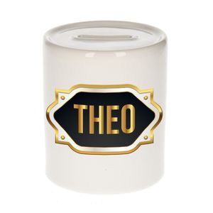 Naam cadeau spaarpot Theo met gouden embleem
