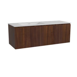 Storke Ribs zwevend badmeubel 140 x 52 cm notenhout met Mata asymmetrisch linkse wastafel in solid surface mat wit, Verticale symmetrische rechte ribbel