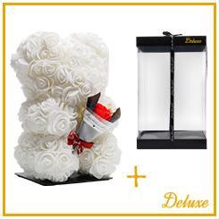 Beer DELUXE op standaard 25cm - wit foam met boeket - in luxe cadeauverpakking 25 cm