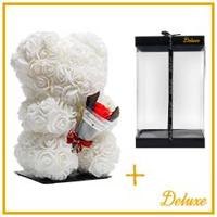 Beer DELUXE op standaard 25cm - wit foam met boeket - in luxe cadeauverpakking 25 cm