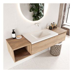 Mondiaz Bukla 160cm badmeubel met open module 40 links kleur washed oak 2 lades wastafel midden zonder kraangat kleur talc