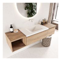 Mondiaz Bukla 160cm badmeubel met open module 40 links kleur washed oak 2 lades wastafel midden zonder kraangat kleur talc