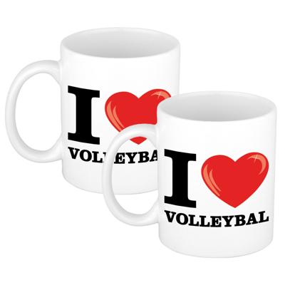 I Love Volleybal - 2x - cadeau koffie mok - sport beker - wit - met hartje - 300 ml I Love Volleybal - 2x - cadeau koffie mok - sport beker - wit - met hartje - 300 ml