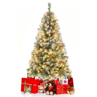 150 cm Kunstkerstboom met Verlichting Sneeuw Dennenappels en Rode Bessen 8 Verlichtingsmodi 200 Warmwitte Ledlampen Kerstboom