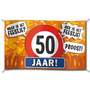 50 jaar verjaardag gevel vlag - 100 x 150 cm - versiering - polyester - met ringen