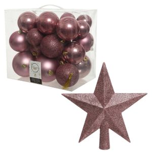 Kerstversiering kunststof kerstballen met piek oud roze 6-8-10 cm pakket van 27x stuks