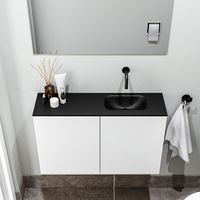 Zaro Polly toiletmeubel 80cm mat wit met zwarte wastafel zonder kraangat rechts - thumbnail