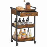Opbergwagen met meerdere niveaus en lade, Rustiek Bruin + Inktzwart / 3 niveaus (70,5H cm)