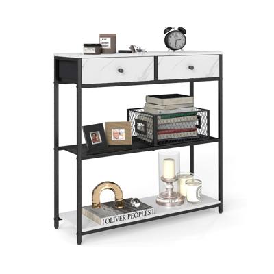 Smalle consoletafel met stoffen lades, Marmerwit + Inktzwart