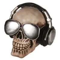 Spaarpot Schedel - met koptelefoon - polyresin - 16 x 12 cm - leren sparen