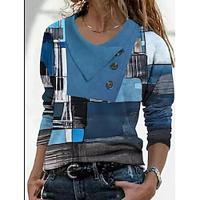 Dames T-shirt Bloemig nappi Afdrukken Dagelijks Weekend Modieus Lange mouw V-hals Marineblauw Lente Herfst Lightinthebox