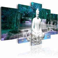 Schilderij - Azure Prayer , boeddha , blauw wit , waterval , 5 luik - thumbnail