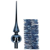 Kerstversiering glazen piek glans 26 cm en folieslingers pakket donkerblauw van 3x stuks - thumbnail