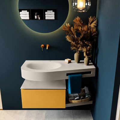 MONDIAZ RIVA 100cm badmeubel onderkast / planchet kleur Ocher met 1 lade. Wastafel DULCET links 0 kraangaten kleur Linen. MONDIAZ RIVA 100cm badmeubel onderkast / planchet kleur Ocher met 1 lade. Wastafel DULCET links 0 kraangaten kleur Linen.