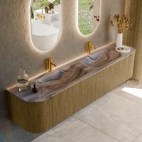 Badmeubel Mondiaz Kurve-Dlux | 200 cm | Meubelkleur Dusk | Wastafelkleur Sombra | Solid surface | Wasbak beide zijden spoelbak | 2 kraangaten