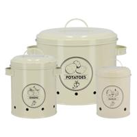 Secrets du Potager Uien/knoflook/aardappelen bewaar blikken - metaal - creme - set van 3 - voorraad/