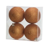 4x stuks kunststof glitter kerstballen oranje 10 cm - thumbnail