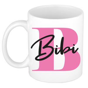 Naam mok Bibi - roze - wit - keramiek - 300 ml - verjaardag/cadeau beker