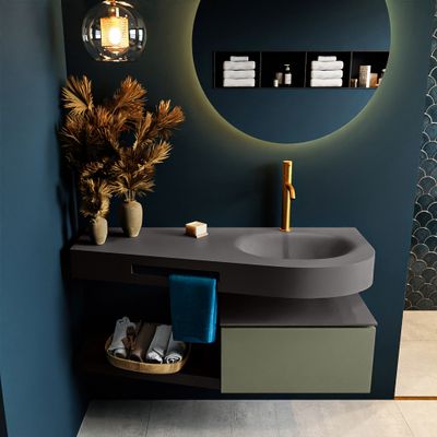 MONDIAZ RIVA 120cm badmeubel onderkast / planchet kleur Army met 1 lade. Wastafel DULCET rechts 1 kraangat kleur Dark_Grey. MONDIAZ RIVA 120cm badmeubel onderkast / planchet kleur Army met 1 lade. Wastafel DULCET rechts 1 kraangat kleur Dark_Grey.