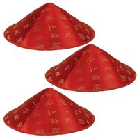 Set van 3x aziatische/chinese hoedje rood met gouden tekens/letters - thumbnail