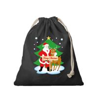 Kerst cadeauzak - zwart - Santa en Rudolf - met koord - cadeauverpakking