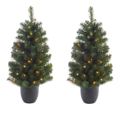 2x stuks kunstbomen/kunst kerstbomen met verlichting 90 cm