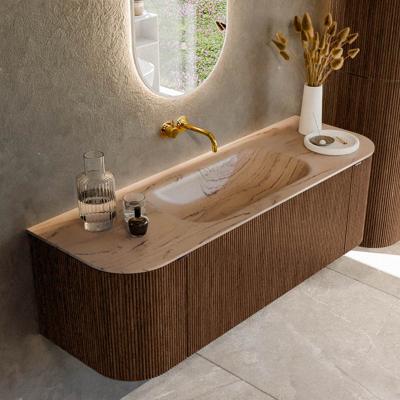 Badmeubel Mondiaz Kurve-Dlux | 140 cm | Meubelkleur Walnut | Wastafelkleur Arena | Solid surface | Wasbak midden spoelbak | Zonder kraangat(en)