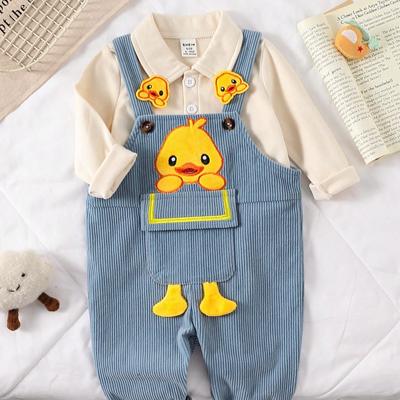 2pcs Baby Boys' Cute Duck Embroidered Long Sleeve Polo Shirt And Corduroy Overalls Set, Casual Outfit For Home & Outdoor, 4 Seasons Blue / 6-9M
