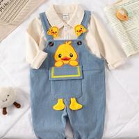 2pcs Baby Boys' Cute Duck Embroidered Long Sleeve Polo Shirt And Corduroy Overalls Set, Casual Outfit For Home & Outdoor, 4 Seasons Blue / 6-9M